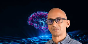 Devadas Pattathil, interviewed by RETAIL Rethink, with an illustrated artificial intelligence brain and computer in the background.