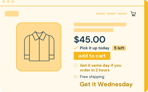 An illustration of a product display page features an icon of a collared shirt at $45 USD with real-time inventory (5 left), pick it up today option, and expected delivery dates. 